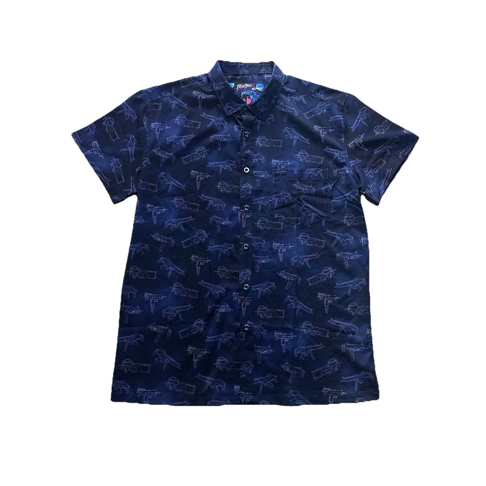 Retro Rifle Zodiac Button Down Shirt Size Large Navy Blue‎ Galaxy Short Sleeve